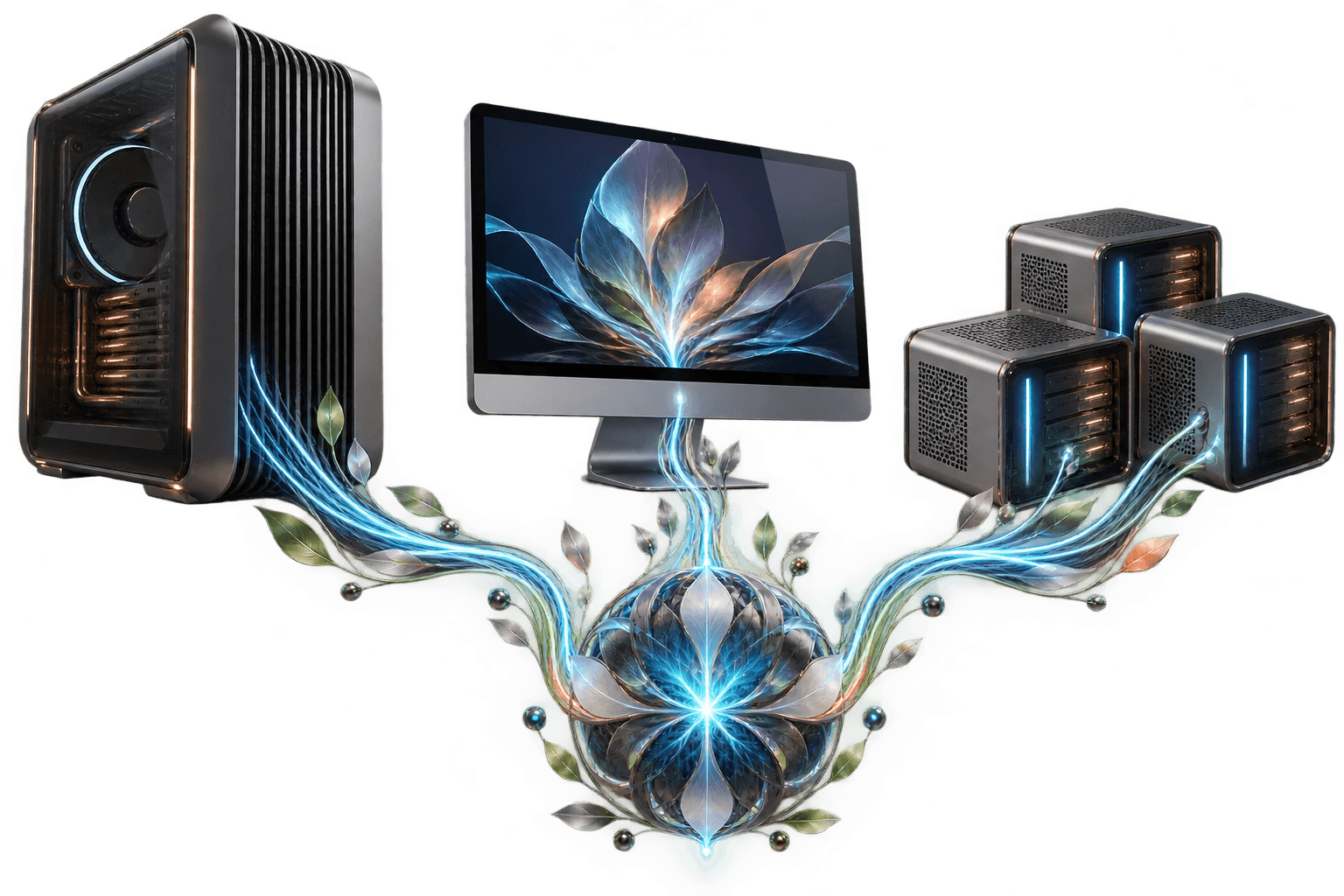 A workstation, a unified-memory computer, and connected compute nodes feeding a shared luminous core
